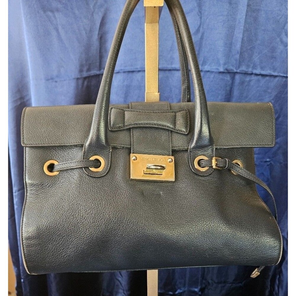 JIMMY CHOO ROSALIE NAVY BLUE LEATHER HANDBAG WITH GOLD HARWARE USED GOOD COND